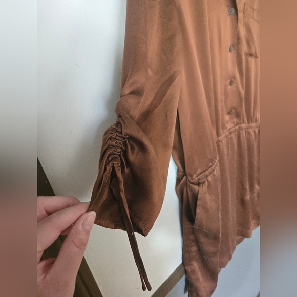 Ann Taylor 100% Silk Shirt Dress Brown Women's Size 8 With 3/4 Cinched Sleeves - Picture 4 of 8